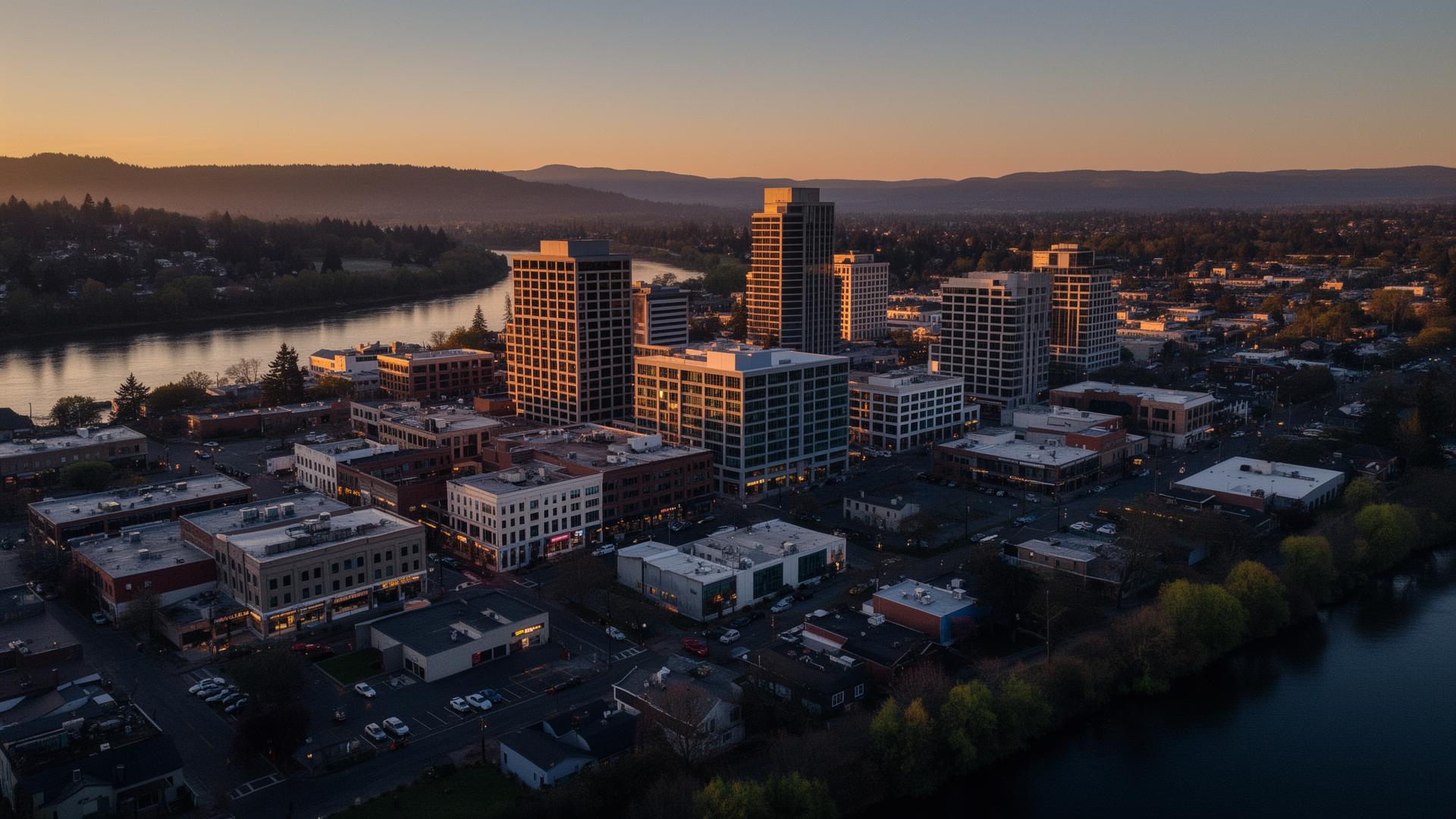 Aerial view of downtown Salem, Oregon at dusk